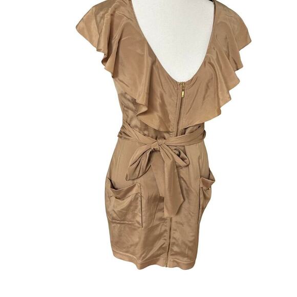Y2K BEBE SILK RUFFLE TIE KHAKI TAN ZIP UP DRESS SMALL - Picture 3 of 7
